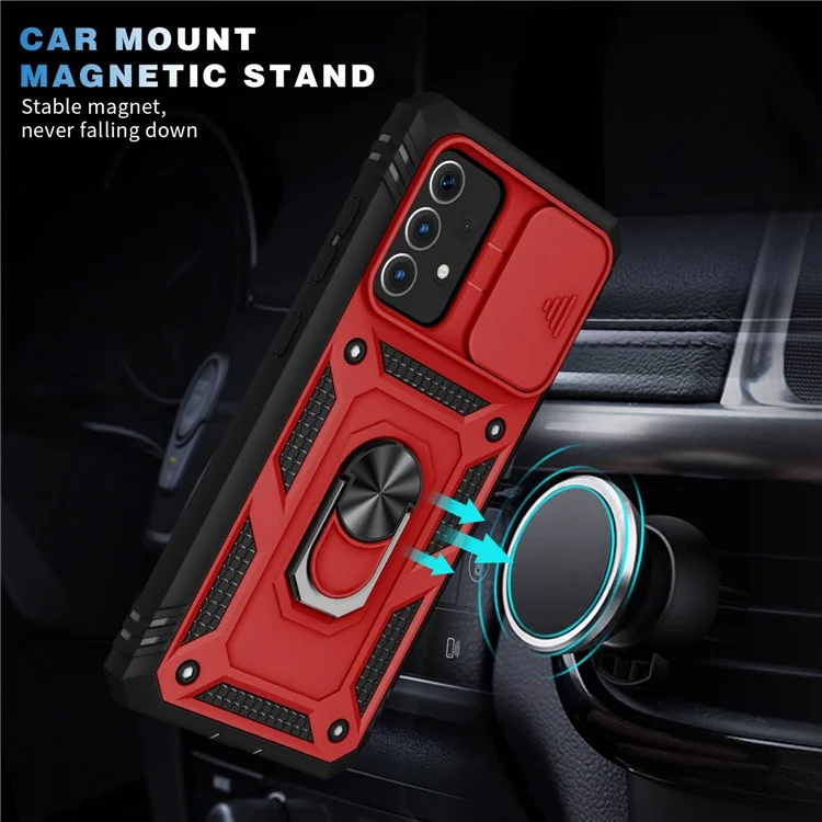 Funda para teléfono Samsung Galaxy A13 4G con soporte anular y tapa de la cámara deslizante, resistente a arañazos - Rojo / Negro