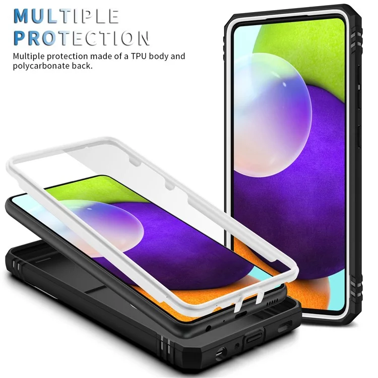 For Samsung Galaxy A13 4G Phone Cover Ring Kickstand Scratch-resistant Mobile Phone Case Card Holder with Sliding Camera Lid - Black  /  White