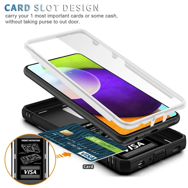 For Samsung Galaxy A13 4G Phone Cover Ring Kickstand Scratch-resistant Mobile Phone Case Card Holder with Sliding Camera Lid - Black  /  White
