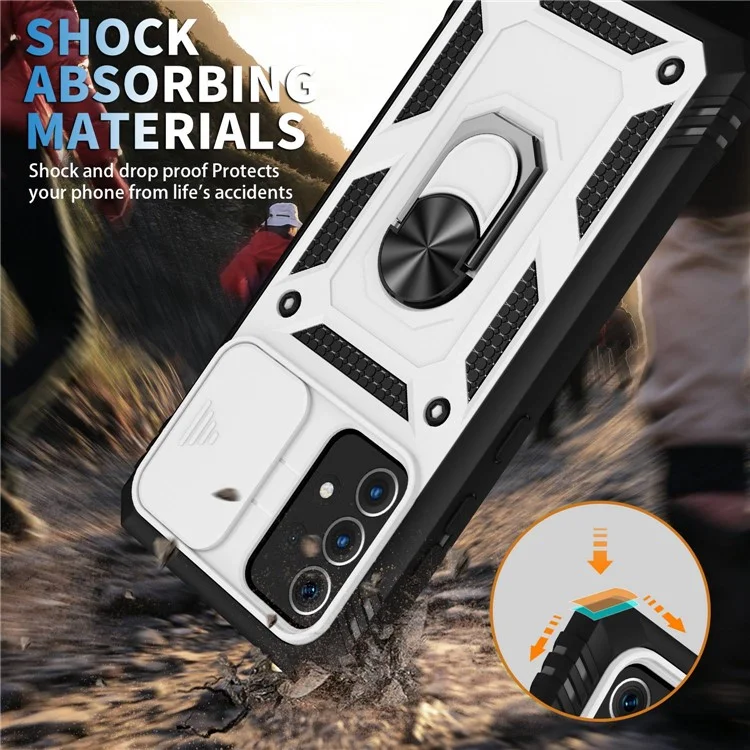 For Samsung Galaxy A13 4G Phone Cover Ring Kickstand Scratch-resistant Mobile Phone Case Card Holder with Sliding Camera Lid - Black  /  White