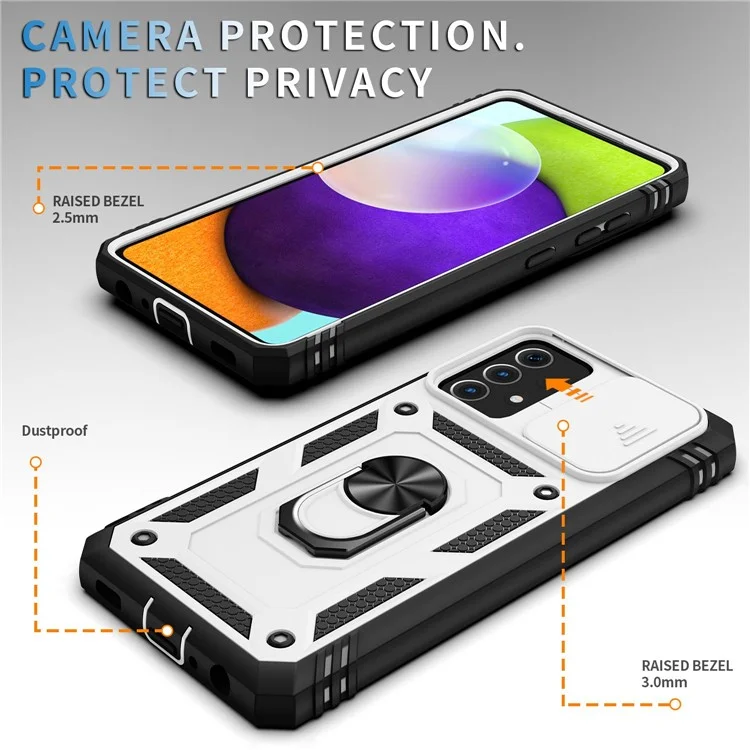 For Samsung Galaxy A13 4G Phone Cover Ring Kickstand Scratch-resistant Mobile Phone Case Card Holder with Sliding Camera Lid - Black  /  White