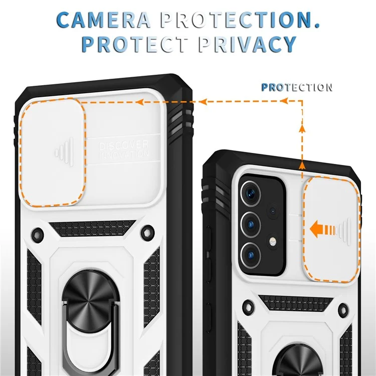 For Samsung Galaxy A13 4G Phone Cover Ring Kickstand Scratch-resistant Mobile Phone Case Card Holder with Sliding Camera Lid - Black  /  White