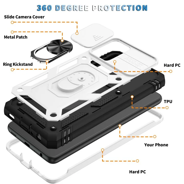 For Samsung Galaxy A13 4G Phone Cover Ring Kickstand Scratch-resistant Mobile Phone Case Card Holder with Sliding Camera Lid - Black  /  White