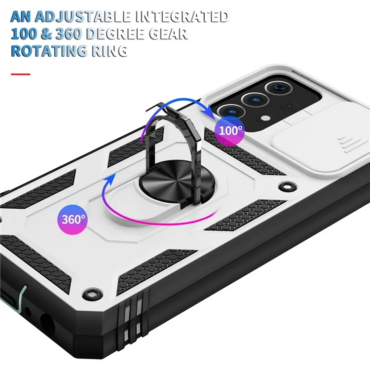 For Samsung Galaxy A13 4G Phone Cover Ring Kickstand Scratch-resistant Mobile Phone Case Card Holder with Sliding Camera Lid - Black  /  White