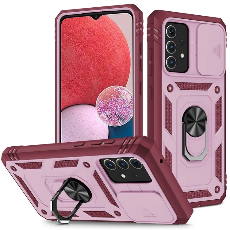 Funda para teléfono Samsung Galaxy A13 4G, anillo de soporte, resistente a arañazos, funda de teléfono móvil con tarjetero y tapa deslizante para la cámara - Rosa / Rojo oscuro