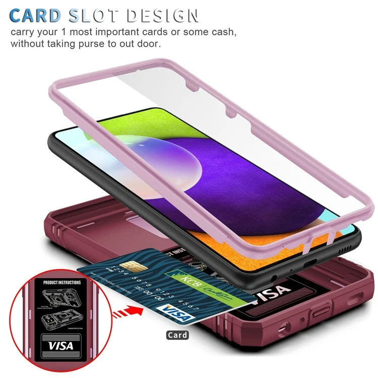 Per Samsung Galaxy A13 4G Cover Del Telefono Ring Kickstand Porta Della Carta Per Telefono Cellulare Resistente ai Graffi Con Coperchio Per Fotocamera Scorrevole - Rosa / Rosso Scuro