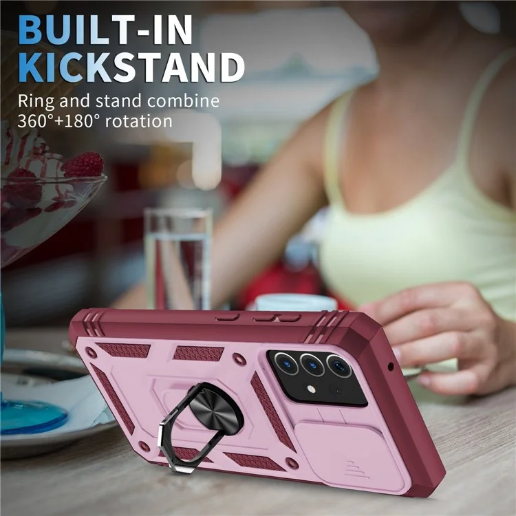 Funda para teléfono Samsung Galaxy A13 4G, anillo de soporte, resistente a arañazos, funda de teléfono móvil con tarjetero y tapa deslizante para la cámara - Rosa / Rojo oscuro