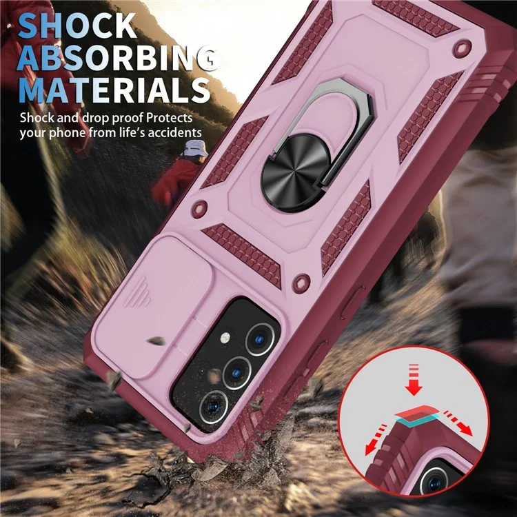 Funda para teléfono Samsung Galaxy A13 4G, anillo de soporte, resistente a arañazos, funda de teléfono móvil con tarjetero y tapa deslizante para la cámara - Rosa / Rojo oscuro