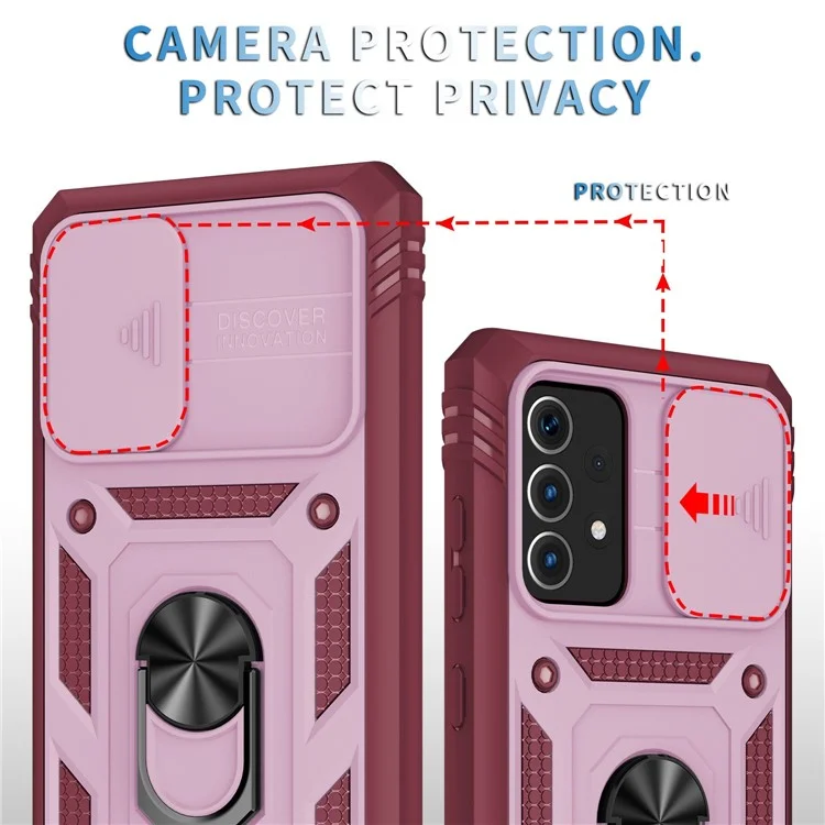 Funda para teléfono Samsung Galaxy A13 4G, anillo de soporte, resistente a arañazos, funda de teléfono móvil con tarjetero y tapa deslizante para la cámara - Rosa / Rojo oscuro
