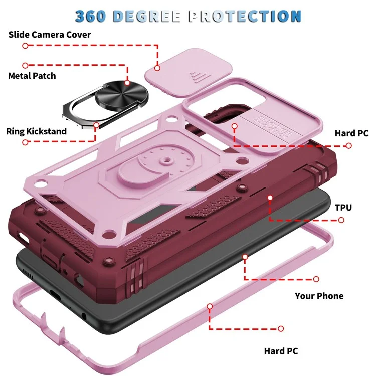 Per Samsung Galaxy A13 4G Cover Del Telefono Ring Kickstand Porta Della Carta Per Telefono Cellulare Resistente ai Graffi Con Coperchio Per Fotocamera Scorrevole - Rosa / Rosso Scuro