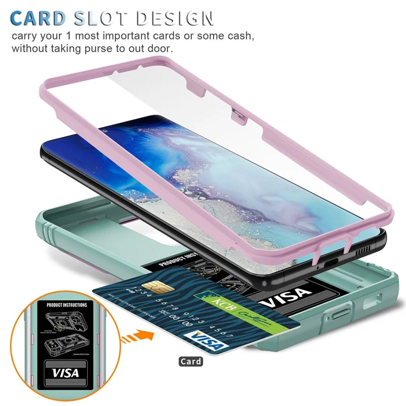 For Samsung Galaxy Note20 Ultra 5G Protective Phone Case Kickstand Card Holder with Sliding Camera Cover -  Pink  /  Green