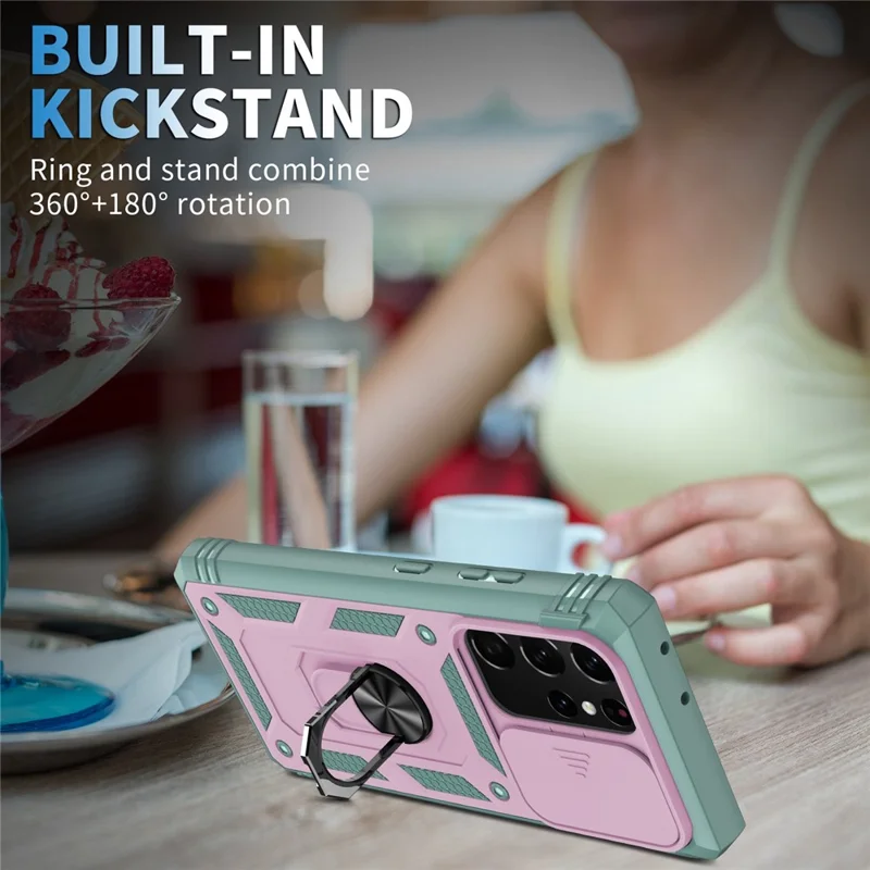 For Samsung Galaxy Note20 Ultra 5G Protective Phone Case Kickstand Card Holder with Sliding Camera Cover -  Pink  /  Green