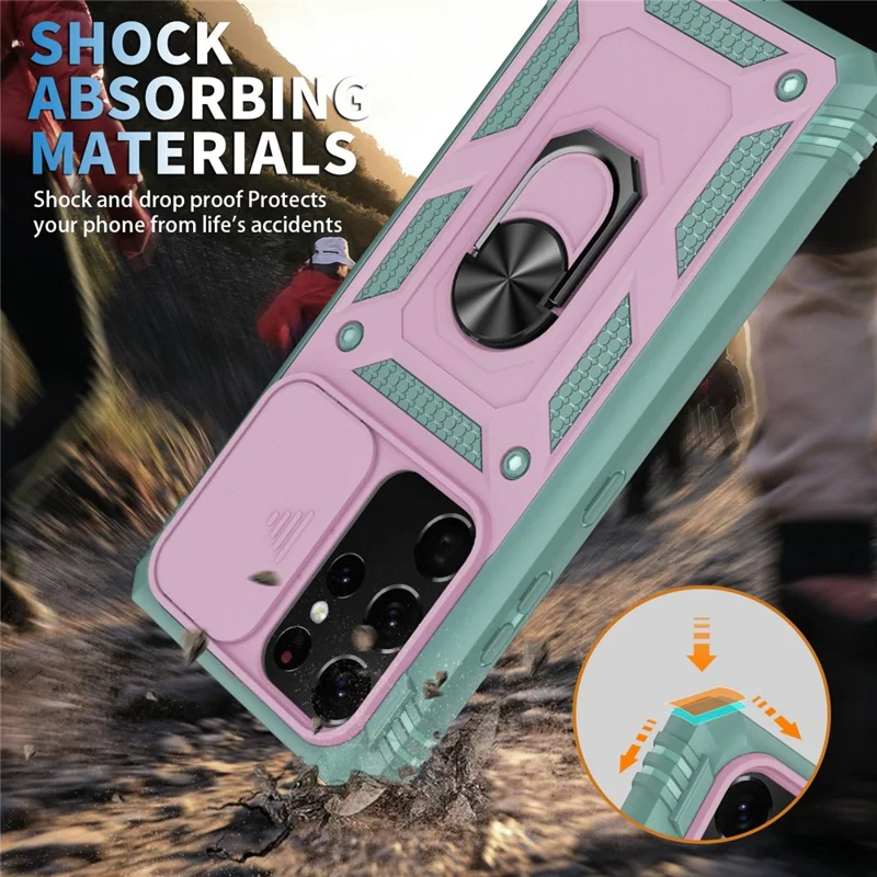 For Samsung Galaxy Note20 Ultra 5G Protective Phone Case Kickstand Card Holder with Sliding Camera Cover -  Pink  /  Green