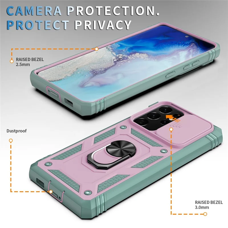 For Samsung Galaxy Note20 Ultra 5G Protective Phone Case Kickstand Card Holder with Sliding Camera Cover -  Pink  /  Green