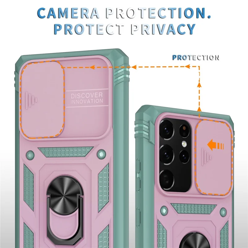 For Samsung Galaxy Note20 Ultra 5G Protective Phone Case Kickstand Card Holder with Sliding Camera Cover -  Pink  /  Green