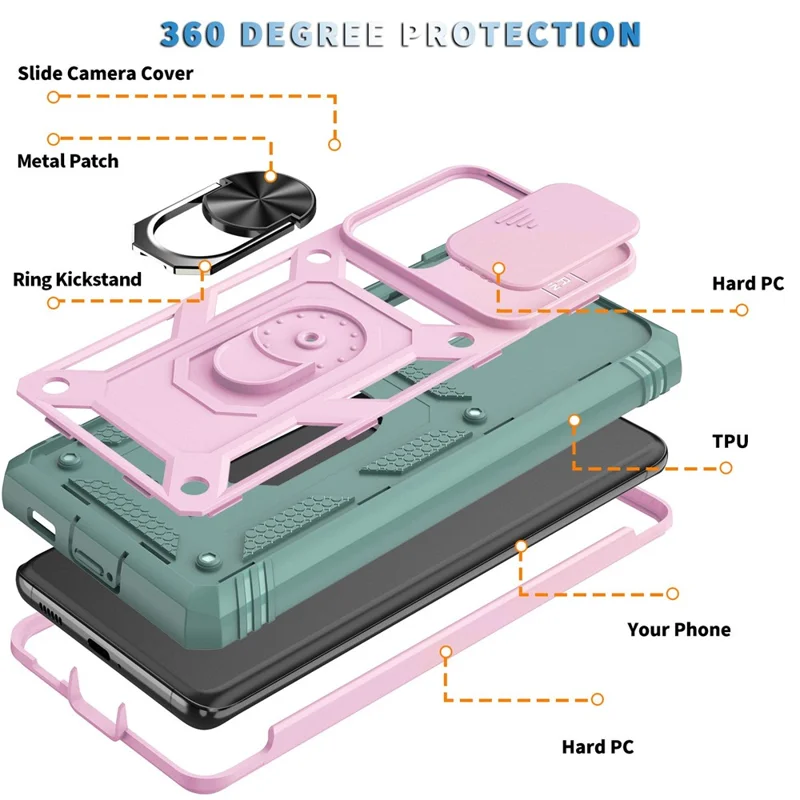 For Samsung Galaxy Note20 Ultra 5G Protective Phone Case Kickstand Card Holder with Sliding Camera Cover -  Pink  /  Green