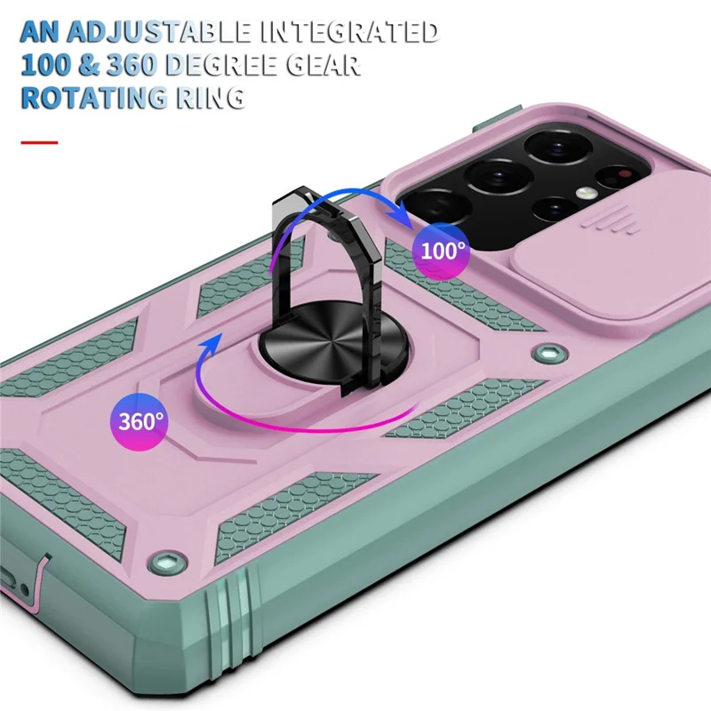 For Samsung Galaxy Note20 Ultra 5G Protective Phone Case Kickstand Card Holder with Sliding Camera Cover -  Pink  /  Green