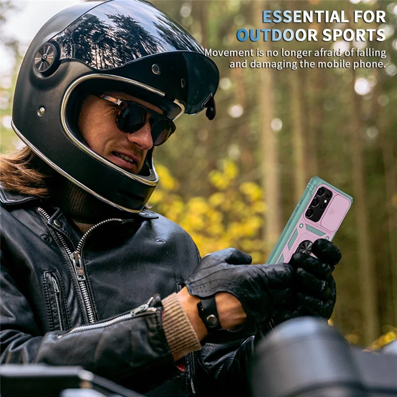 For Samsung Galaxy Note20 Ultra 5G Protective Phone Case Kickstand Card Holder with Sliding Camera Cover -  Pink  /  Green