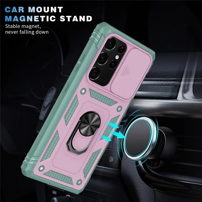 For Samsung Galaxy Note20 Ultra 5G Protective Phone Case Kickstand Card Holder with Sliding Camera Cover -  Pink  /  Green