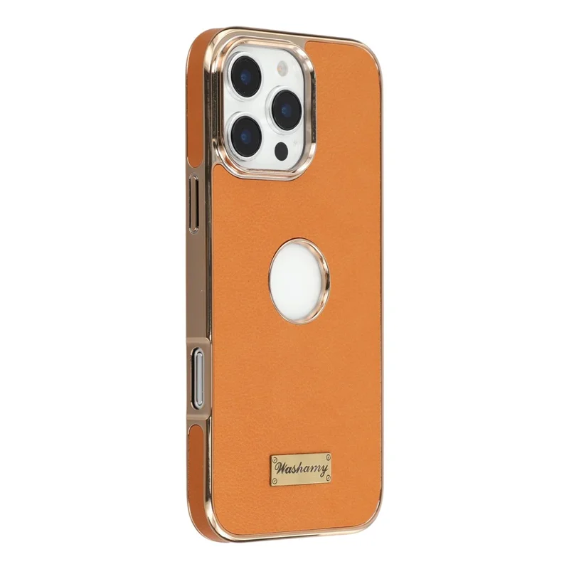 Für iPhone 16 Pro Max Hülle kompatibel mit MagSafe Elektroplattiertes Leder-Rückseite Handyhülle mit Hohlraum-Logo-Loch - Braun