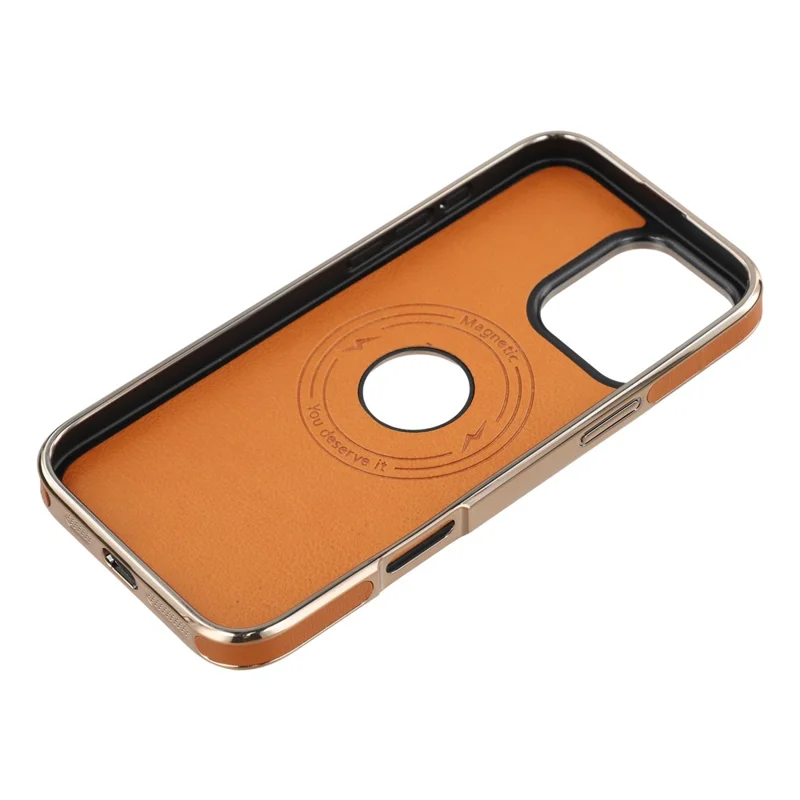 Für iPhone 16 Pro Max Hülle kompatibel mit MagSafe Elektroplattiertes Leder-Rückseite Handyhülle mit Hohlraum-Logo-Loch - Braun
