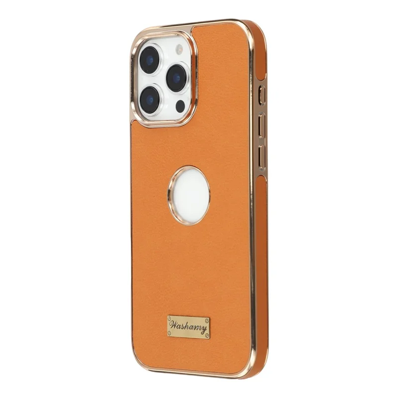 For iPhone 16 Pro Case Compatible with MagSafe Electroplated Leather Back Phone Cover with Hollow Logo Hole - Brown