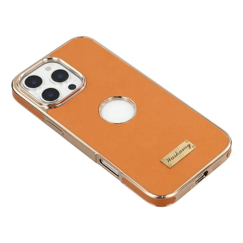 For iPhone 16 Pro Case Compatible with MagSafe Electroplated Leather Back Phone Cover with Hollow Logo Hole - Brown