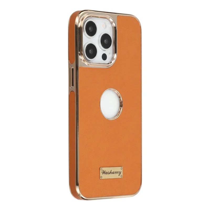 For iPhone 15 Pro Case Compatible with MagSafe Electroplated Leather Back Phone Cover with Hollow Logo Hole - Brown