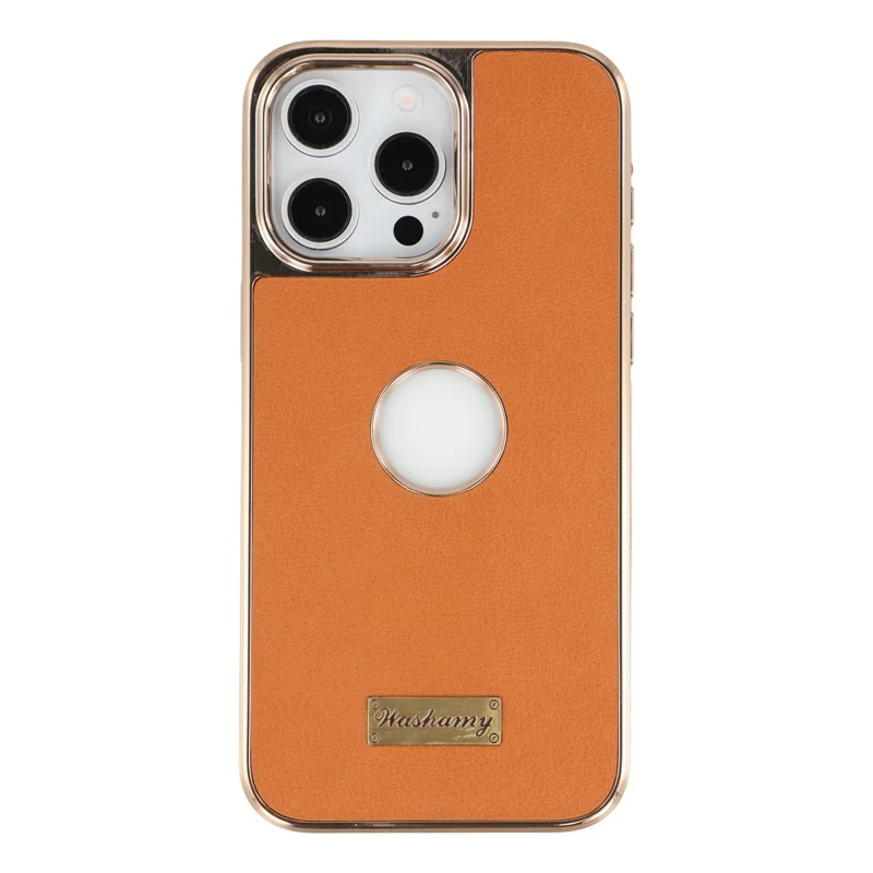 For iPhone 15 Pro Case Compatible with MagSafe Electroplated Leather Back Phone Cover with Hollow Logo Hole - Brown