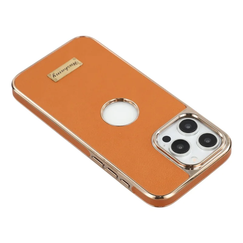 For iPhone 15 Pro Case Compatible with MagSafe Electroplated Leather Back Phone Cover with Hollow Logo Hole - Brown