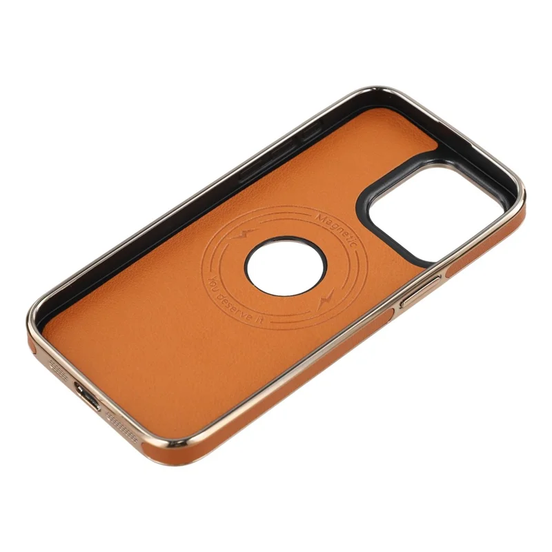 For iPhone 15 Pro Case Compatible with MagSafe Electroplated Leather Back Phone Cover with Hollow Logo Hole - Brown