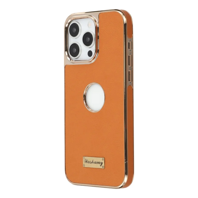 Capa para iPhone 14 Pro Compatível com MagSafe Couro Eletroplatado com Furo de Logotipo Oco - Marrom