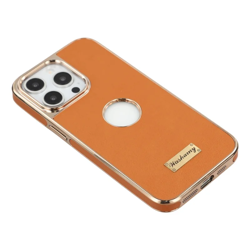 Capa para iPhone 14 Pro Compatível com MagSafe Couro Eletroplatado com Furo de Logotipo Oco - Marrom