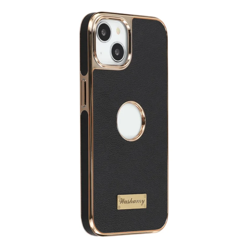 For iPhone 14 Case Compatible with MagSafe Electroplated Leather Back Phone Cover with Hollow Logo Hole - Black