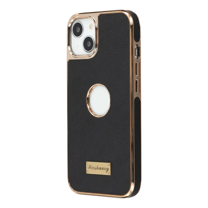 For iPhone 14 Case Compatible with MagSafe Electroplated Leather Back Phone Cover with Hollow Logo Hole - Black