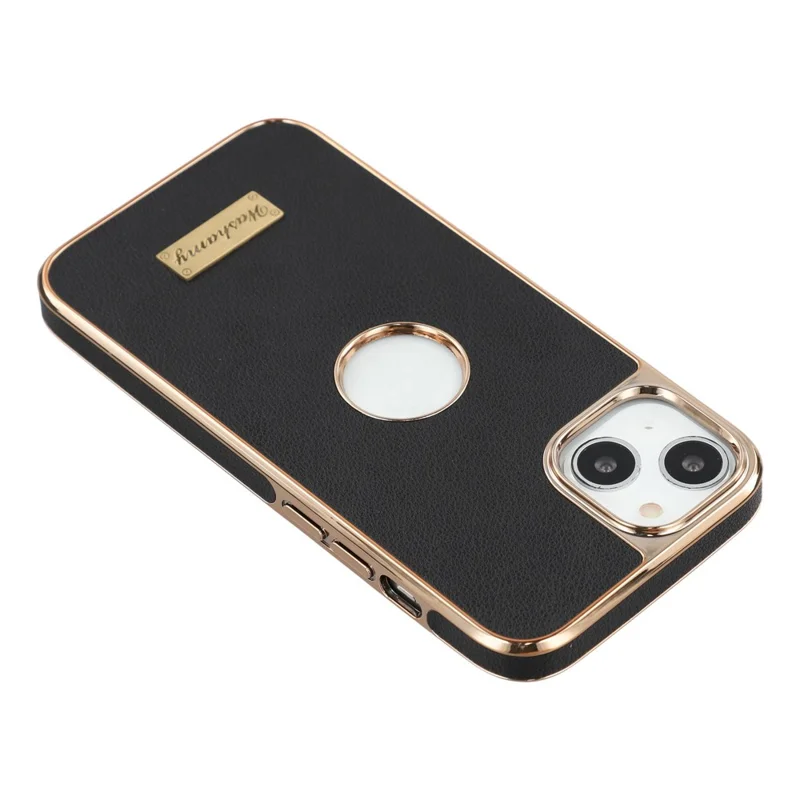 For iPhone 14 Case Compatible with MagSafe Electroplated Leather Back Phone Cover with Hollow Logo Hole - Black