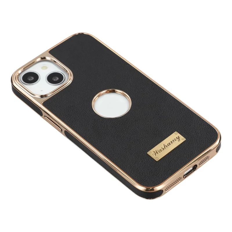 For iPhone 14 Case Compatible with MagSafe Electroplated Leather Back Phone Cover with Hollow Logo Hole - Black
