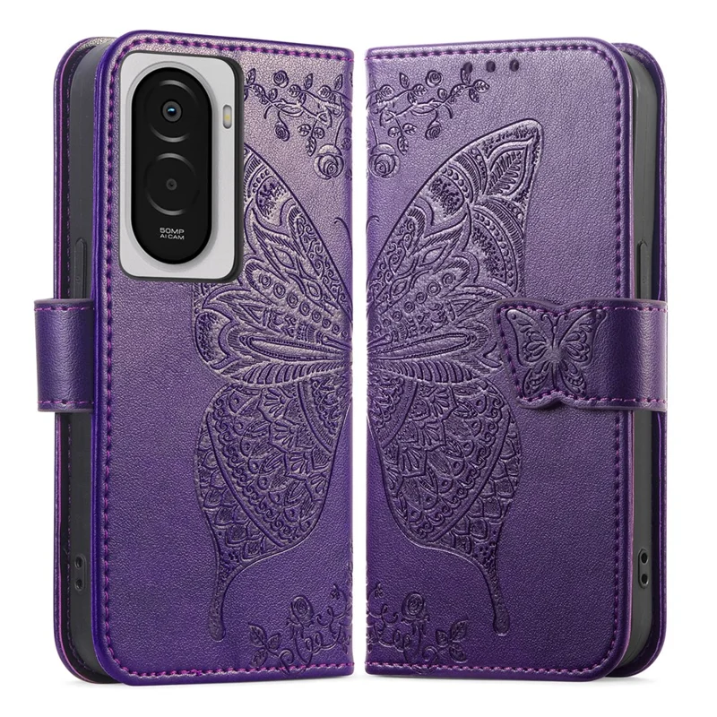 For Xiaomi Poco M7 5G Case with Strap Butterfly Pattern PU Leather Wallet Phone Cover - Dark Purple