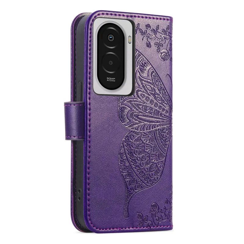 For Xiaomi Poco M7 5G Case with Strap Butterfly Pattern PU Leather Wallet Phone Cover - Dark Purple