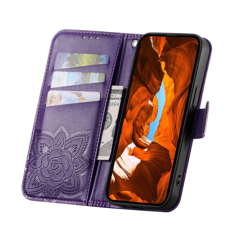 For Xiaomi Poco M7 5G Case with Strap Butterfly Pattern PU Leather Wallet Phone Cover - Dark Purple