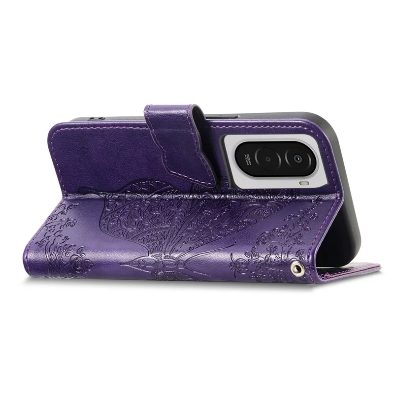 For Xiaomi Poco M7 5G Case with Strap Butterfly Pattern PU Leather Wallet Phone Cover - Dark Purple