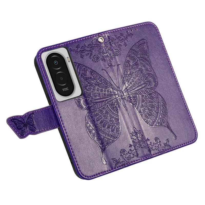 For Xiaomi Poco M7 5G Case with Strap Butterfly Pattern PU Leather Wallet Phone Cover - Dark Purple