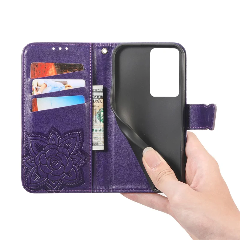 For Xiaomi Poco M7 5G Case with Strap Butterfly Pattern PU Leather Wallet Phone Cover - Dark Purple