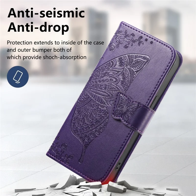 For Xiaomi Poco M7 5G Case with Strap Butterfly Pattern PU Leather Wallet Phone Cover - Dark Purple