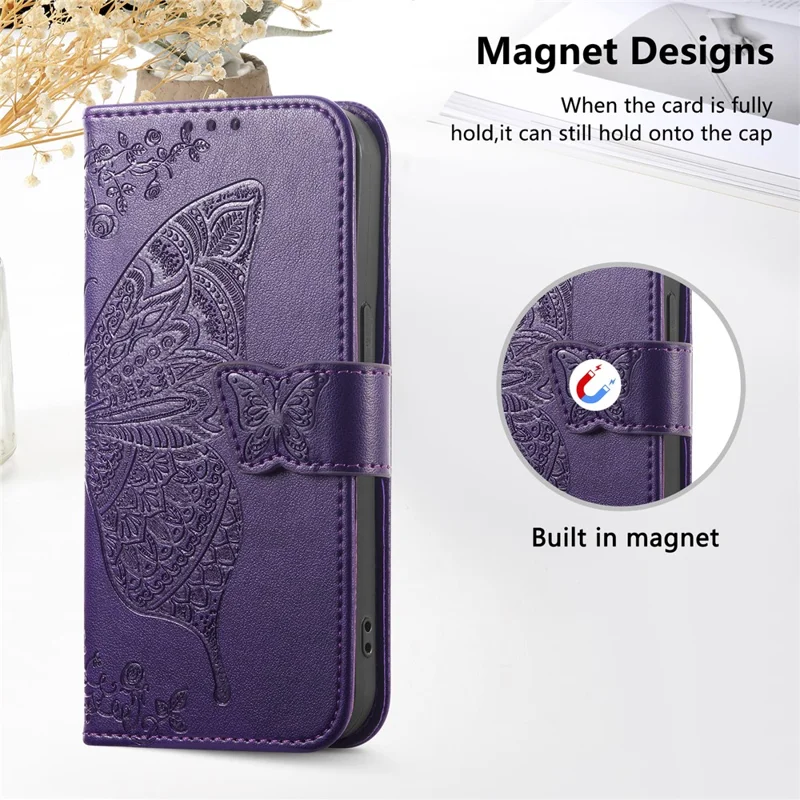 For Xiaomi Poco M7 5G Case with Strap Butterfly Pattern PU Leather Wallet Phone Cover - Dark Purple