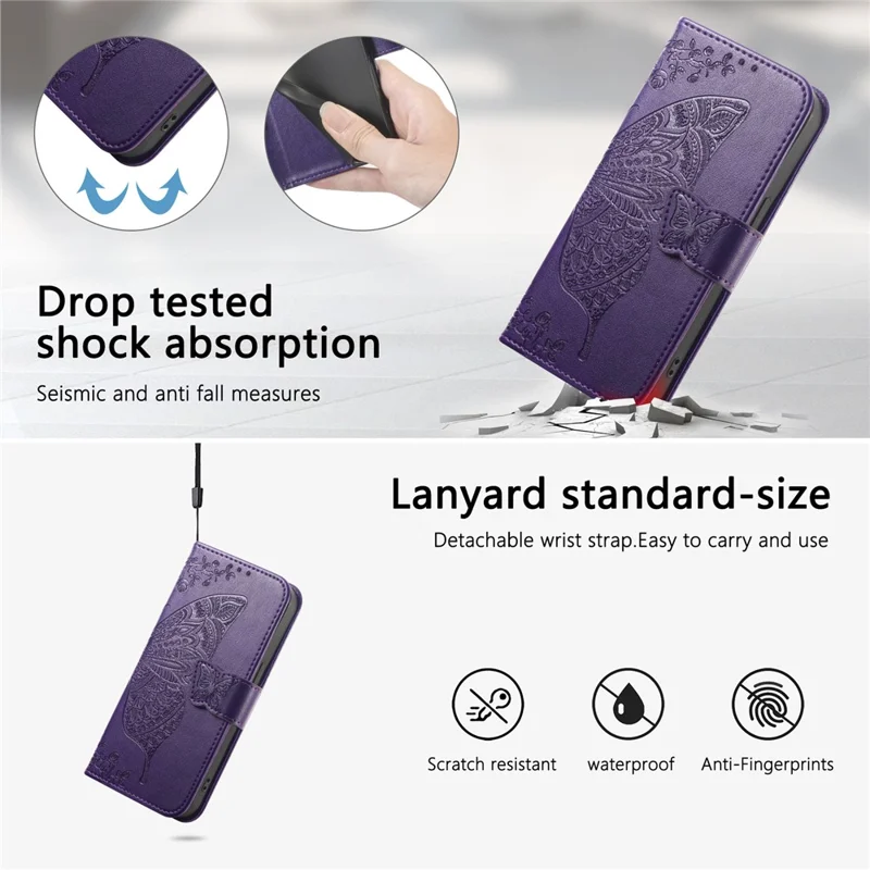 For Xiaomi Poco M7 5G Case with Strap Butterfly Pattern PU Leather Wallet Phone Cover - Dark Purple
