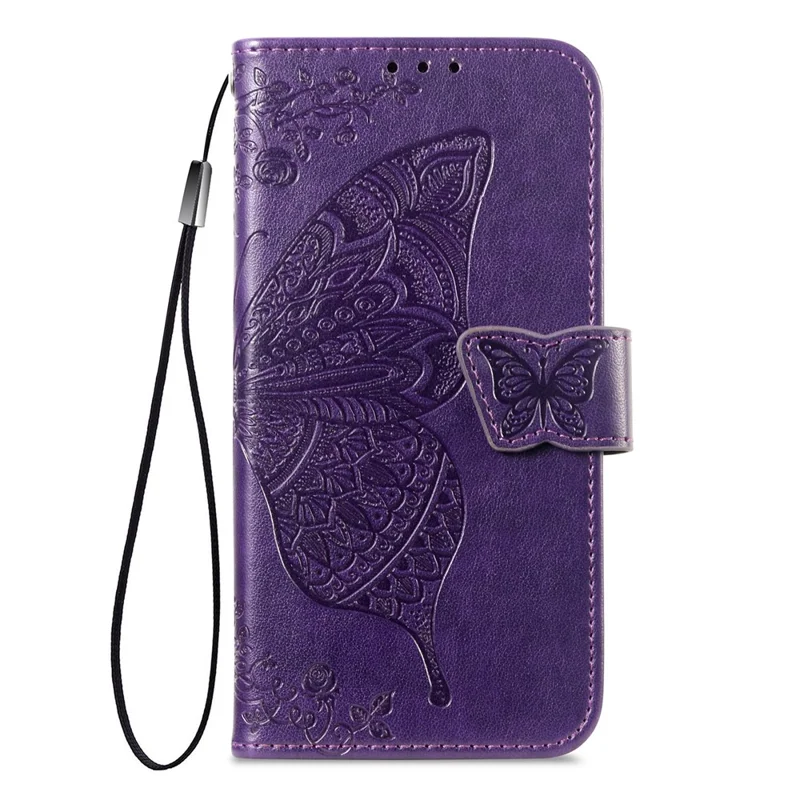 For Xiaomi Poco M7 5G Case with Strap Butterfly Pattern PU Leather Wallet Phone Cover - Dark Purple