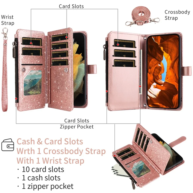 ASUWISH For iPhone 17 Pro Case 10 Card Holder Glitter Leather Phone Cover with Crossbody Strap - Rose Gold