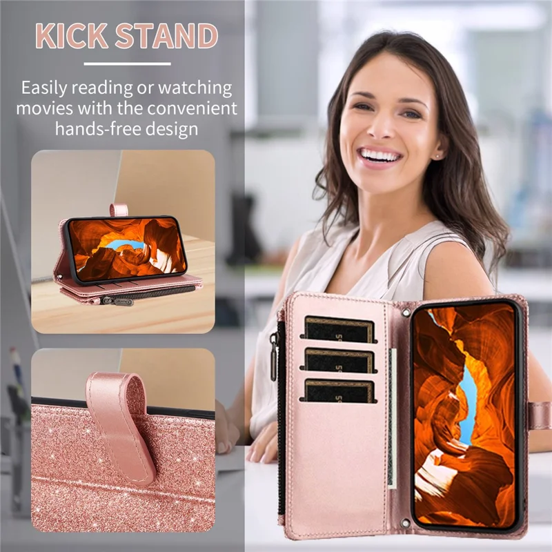 ASUWISH For iPhone 17 Pro Case 10 Card Holder Glitter Leather Phone Cover with Crossbody Strap - Rose Gold