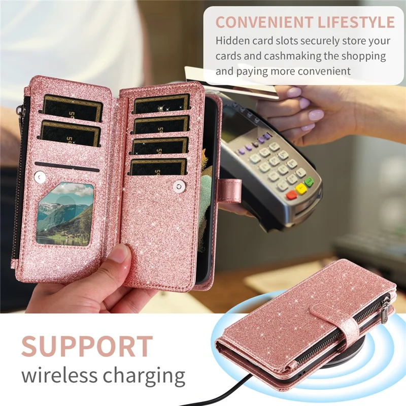 ASUWISH For iPhone 17 Pro Case 10 Card Holder Glitter Leather Phone Cover with Crossbody Strap - Rose Gold
